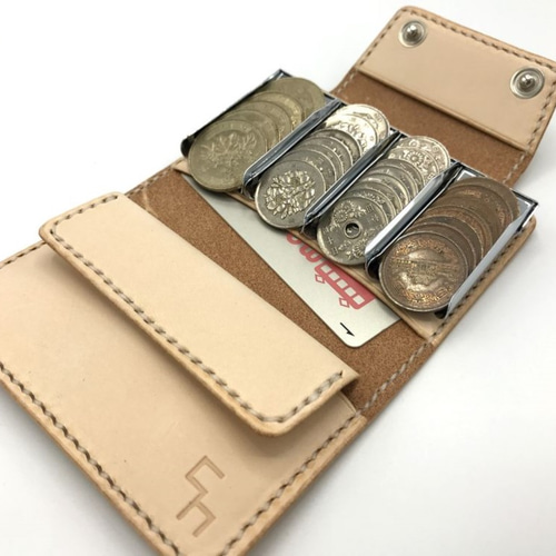 【手作り一点物】手染めのコインキャッチャー財布 青×黄茶 ハンドメイド 革財布