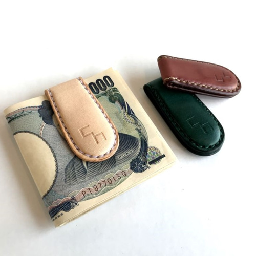 ハンドメイド】ヌメ革の育てるマネークリップ6枚+α収納型