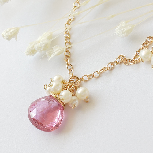 14kgf ピンクトルマリンとパールネックレス☆淡水パール ネックレス  