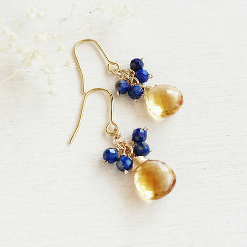 14kgf今宵の月は シトリン天然石ピアス☆ラピスラズリ ピアス（フック