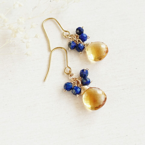 14kgf今宵の月は シトリン天然石ピアス☆ラピスラズリ ピアス（フック