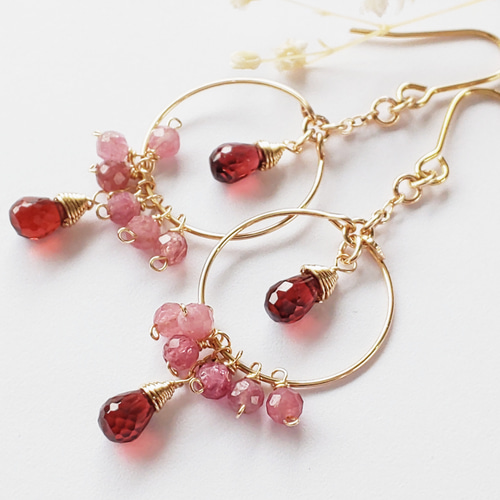 14kgf 1月誕生石ガーネットサークルピアス☆ピンクトルマリン ピアス