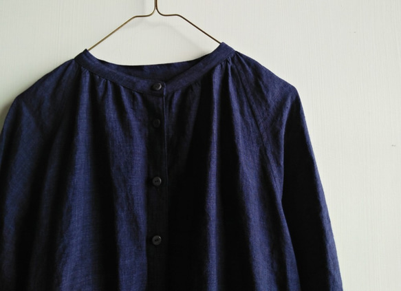 Feliz & Recap [ 細摺連袖抽繩洋裝/襯衫 ] 亞麻 深藍 第6張的照片