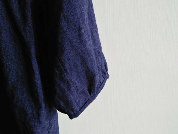 Feliz & Recap [ 細摺連袖抽繩洋裝/襯衫 ] 亞麻 深藍 第9張的照片