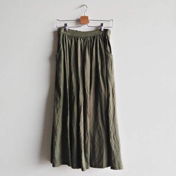 Feliz & Recap [ 斜口袋細摺優雅長裙 ] 亞麻 苔蘚綠 第3張的照片