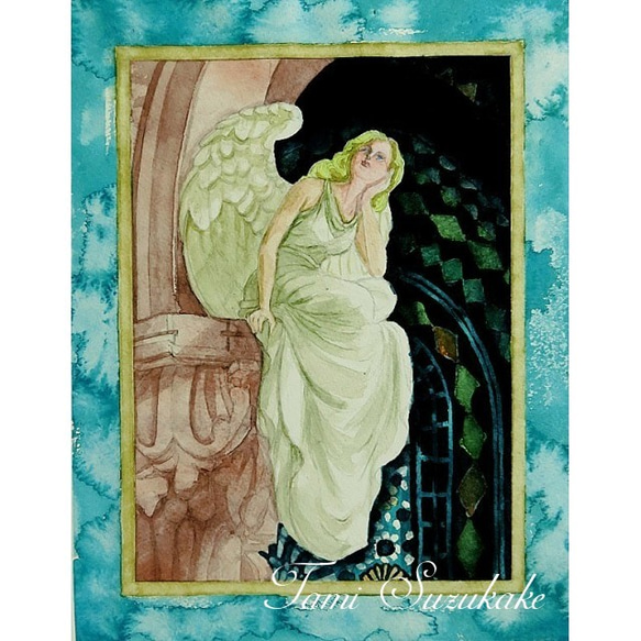 天使】 グラスアート イラスト 水彩画 原画 - 置物