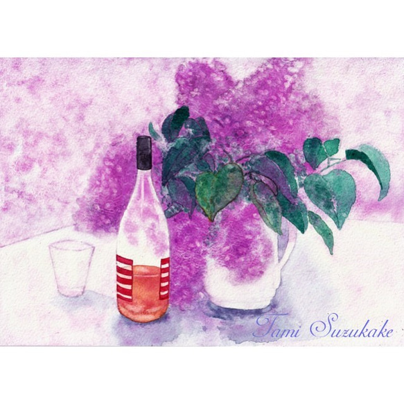 水彩画・原画「ライラックの花とワインボトル」 1枚目の画像