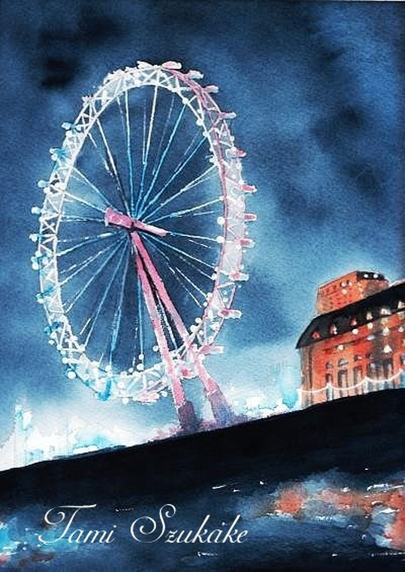 ポストカード「42・夜の観覧車（ロンドンアイ）」「43・大阪中の島の夜景」 2枚目の画像