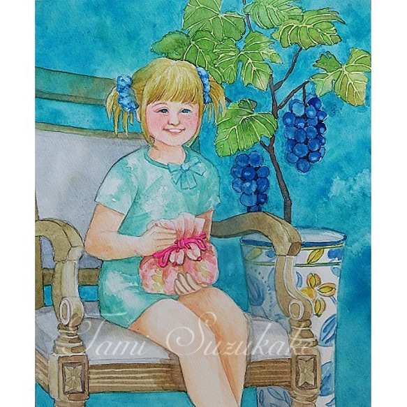 水彩・原画「葡萄の木と少女」 1枚目の画像