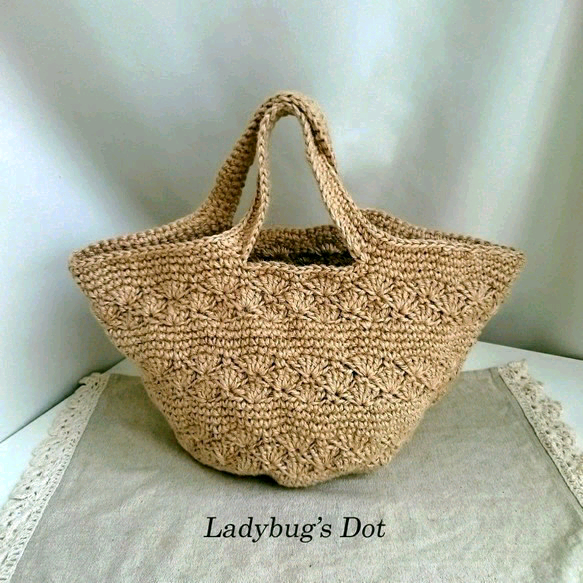 【受注製作】麻マルシェバッグ丸底松編み模様　L