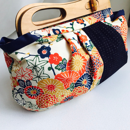 アンティーク持ち手の着物グラニーバッグ圓形手提包Ladybug's Dot