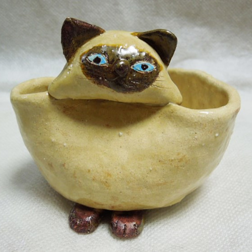猫の小物入れ 陶器 花器 ヒマラヤン ネコ 黄瀬戸 その他雑貨 粘土工房