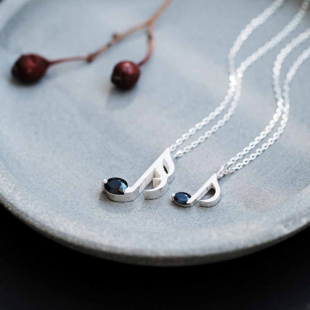 2コset) 天然サファイア 音符 ペア ネックレス シルバー925