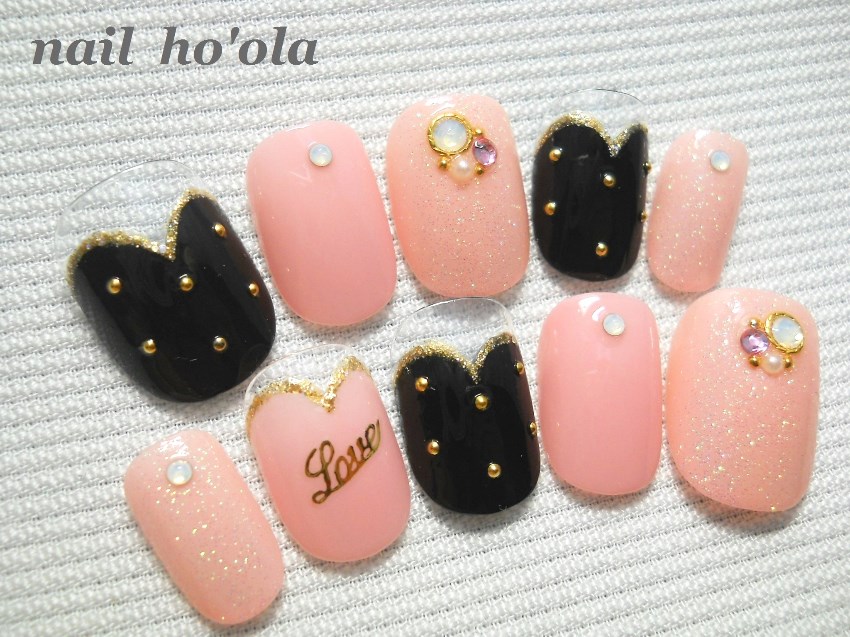 黒とピンクのハートフレンチネイル*161* ネイルチップ（つけ爪
