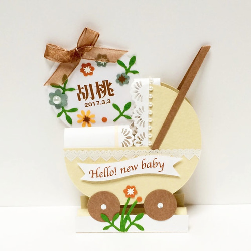 お名前入れ出産祝いカード(ベビーカー、ベージュ) メッセージカード