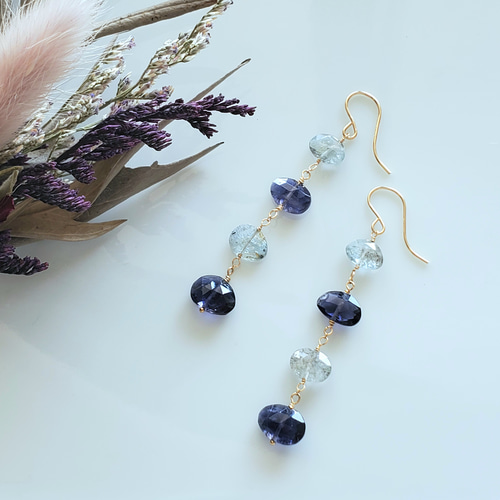 bi-color 〜 アイオライト&モスアクアマリンのK14gfピアス／イヤリング 