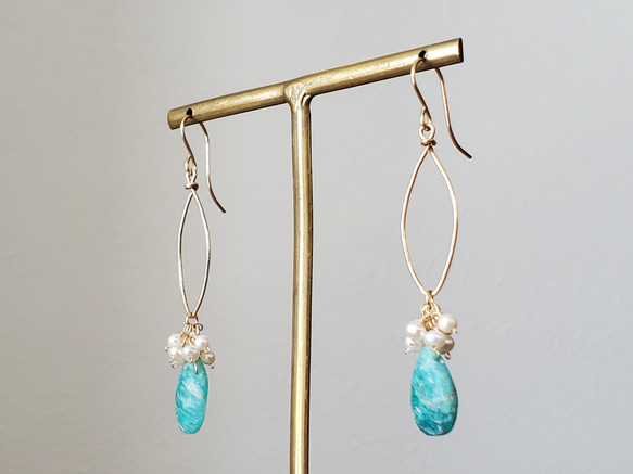K14gf 亞馬遜石 &amp; 珍珠吊燈耳環 / 耳環 第2張的照片
