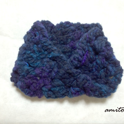 もこもこ ボリューミー 手編み ねじりスヌード ネイビー×パープル