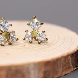 黃銅方形鋯石星星耳環-可改夾式耳環 第1張的照片