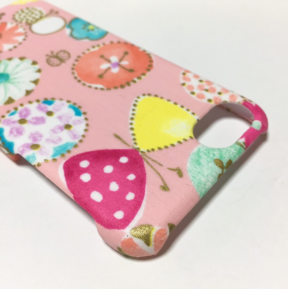【Xperia/GALAXY/iPhone】フラワーチョウチョ柄 ピンク スマホケース 4枚目の画像