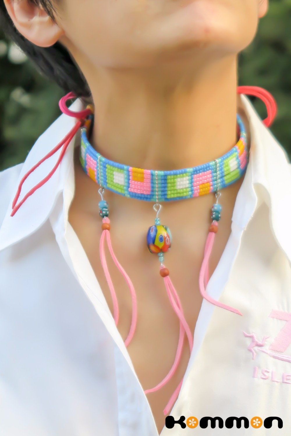 パステルサイケなチョーカー＋トンボ玉付き〈Kommon〉