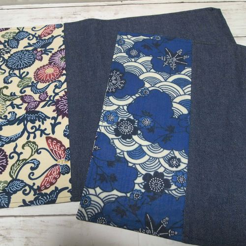 【⭐️お買い得⭐️】 ランチョンマット35×45 2枚セット　デニム調英字 紅型ランチョンマット☆リバーシブル☆デニムと☆和モダン ランチョン