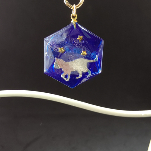 星がキラキラ輝く夜空を歩く猫の六角形型キーホルダー その他