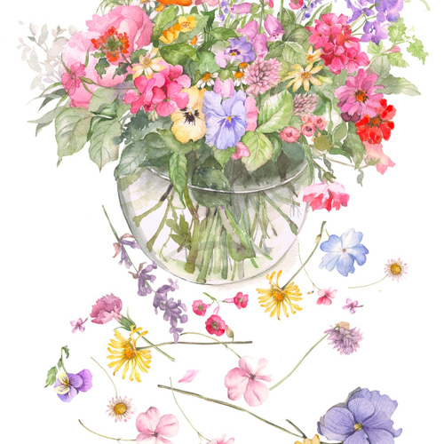 水彩画　花　春　小菊　春の花　美術　マーメイド紙　絵画　アート　インテリア 優しい花の水彩画ー色んな春の花豪華な花の宴の水彩画アート