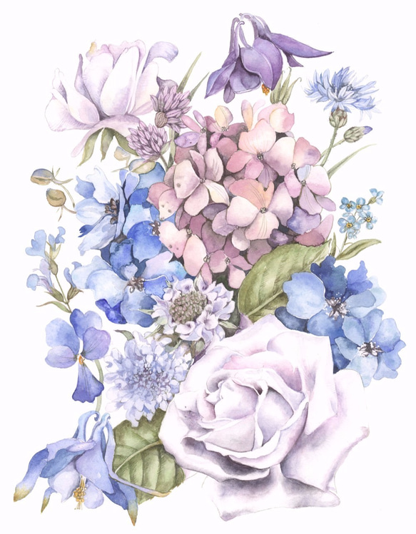 優しい花の水彩画ーラナンキュラスとライラック 3枚目の画像