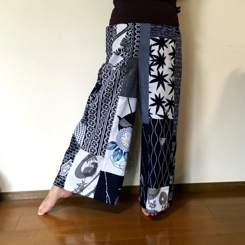 浴衣リメイク Ｏ パッチワーク ワイドパンツ コットン フリーサイズ