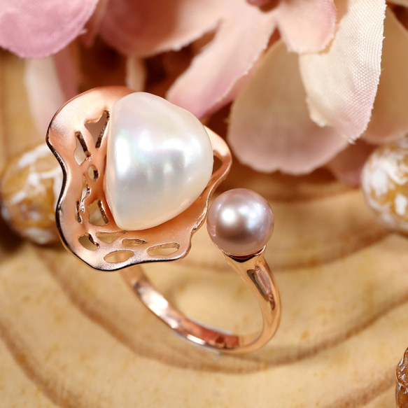 芭蕾 - 巴洛克形 淡水珍珠 純銀 電 18K 玫瑰金 戒指 第4張的照片