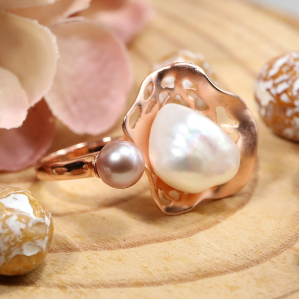 芭蕾 - 巴洛克形 淡水珍珠 純銀 電 18K 玫瑰金 戒指 第7張的照片