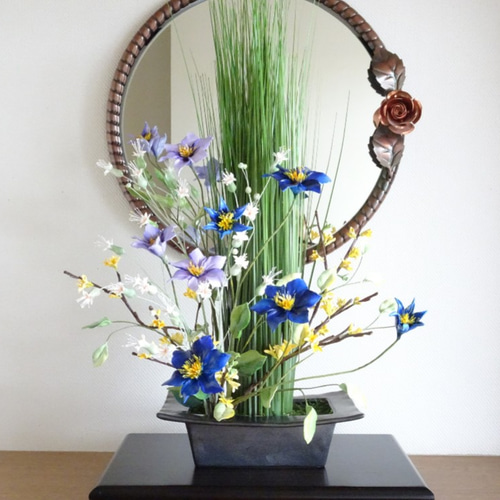 パン粘土/和風] クレマチス/グリーンベル/レンギョウのパンフラワー