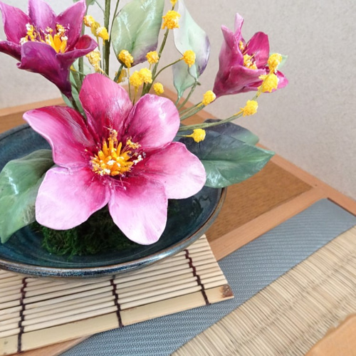 ❤購入時32万円❤作家物パンフラワーモチーフ四季の花束オリジナルデザイン❤超美品 現品限り】【パンフラワー】【和】テッセンとミモザ 心和む癒しの特別