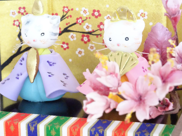【桃の節句/ひな祭り/猫/１点限定】可愛すぎる猫雛と桜のパンフラワーミニ雛飾りセット♡ 3枚目の画像