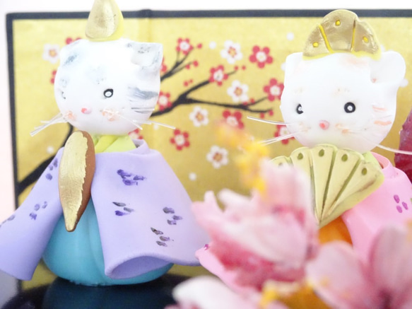 【桃の節句/ひな祭り/猫/１点限定】可愛すぎる猫雛と桜のパンフラワーミニ雛飾りセット♡ 9枚目の画像