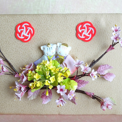 【期間限定/雛飾り/猫/ちりめん/パンフラワー】可愛い猫雛と桜/菜の花 春の和風アレンジメント 4枚目の画像