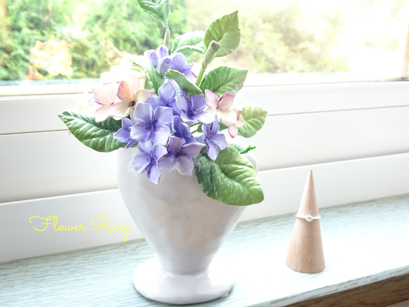 【パン粘土/ピンク/ブルー】上品爽やかミニサイズ 紫陽花のパンフラワーアレンジメント 1枚目の画像