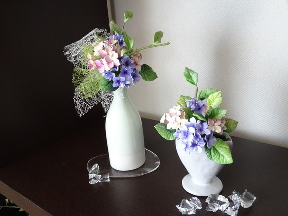 【パン粘土/ピンク/ブルー】上品爽やかミニサイズ 紫陽花のパンフラワーアレンジメント 10枚目の画像