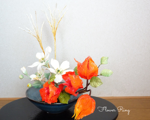 専用【ハンドメイド樹脂粘土】お正月 和風造花アレンジメント パンアート 秋インテリア/和風/パン粘土】シュウメイギク/ホオヅキ/ススキの