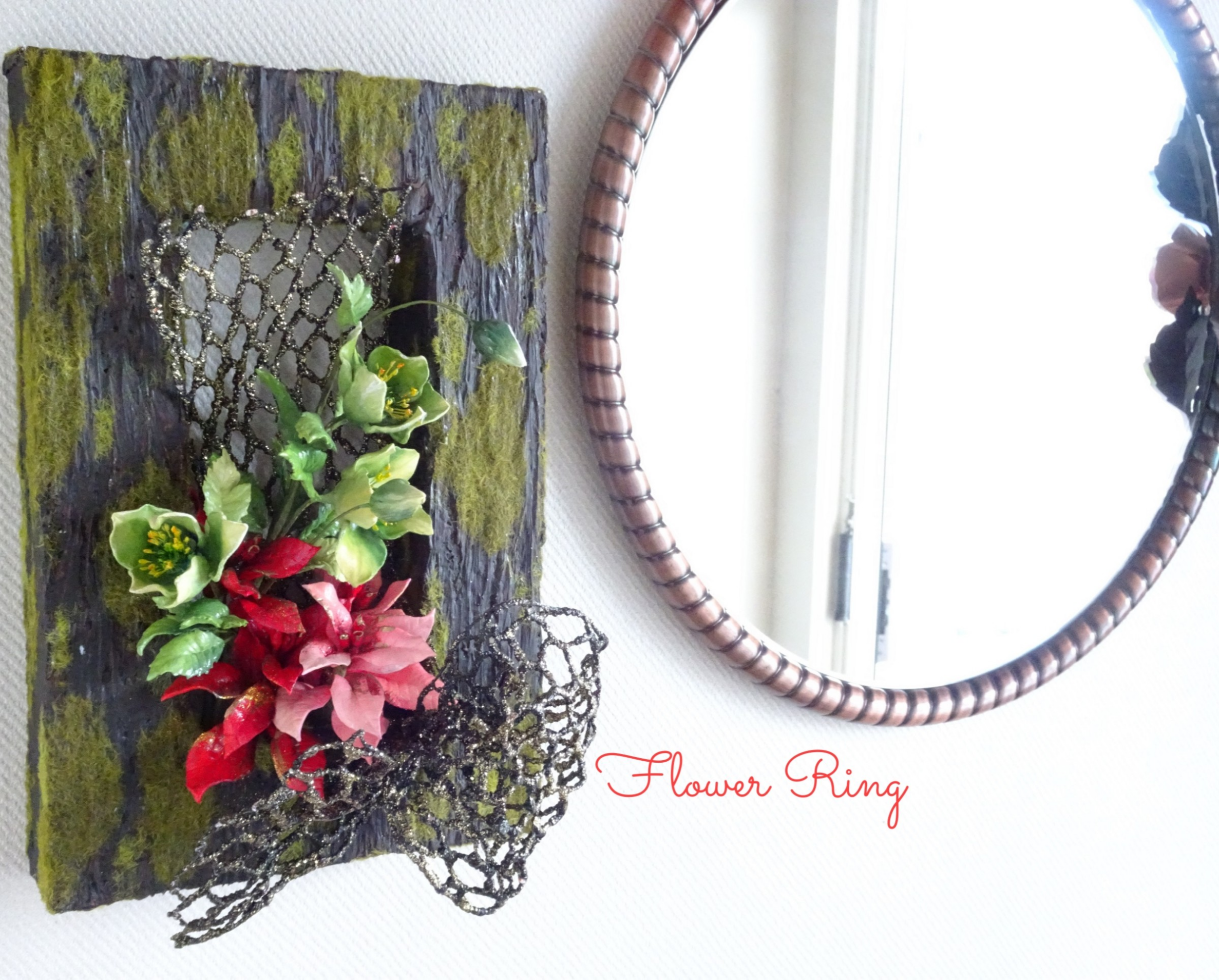 Creema限定【冬/クリスマス/パン粘土】大人グリーンの壁飾り ポインセチア/クリスマスローズのパンフラワーアレンジ