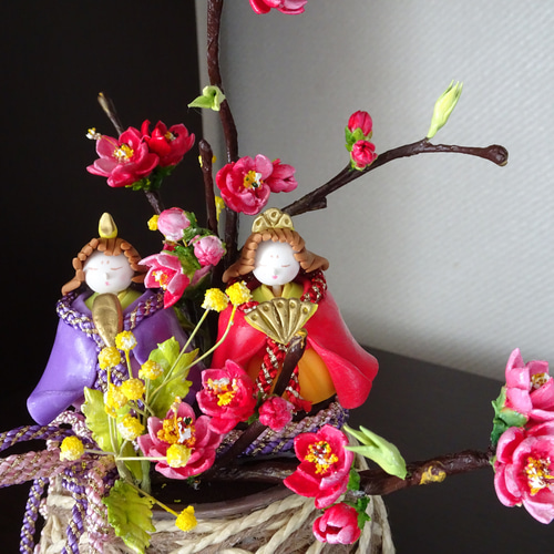 桃の節句/雛飾り/ひな人形/パン粘土】桃/ミモザ/ふっくら福雛さんの