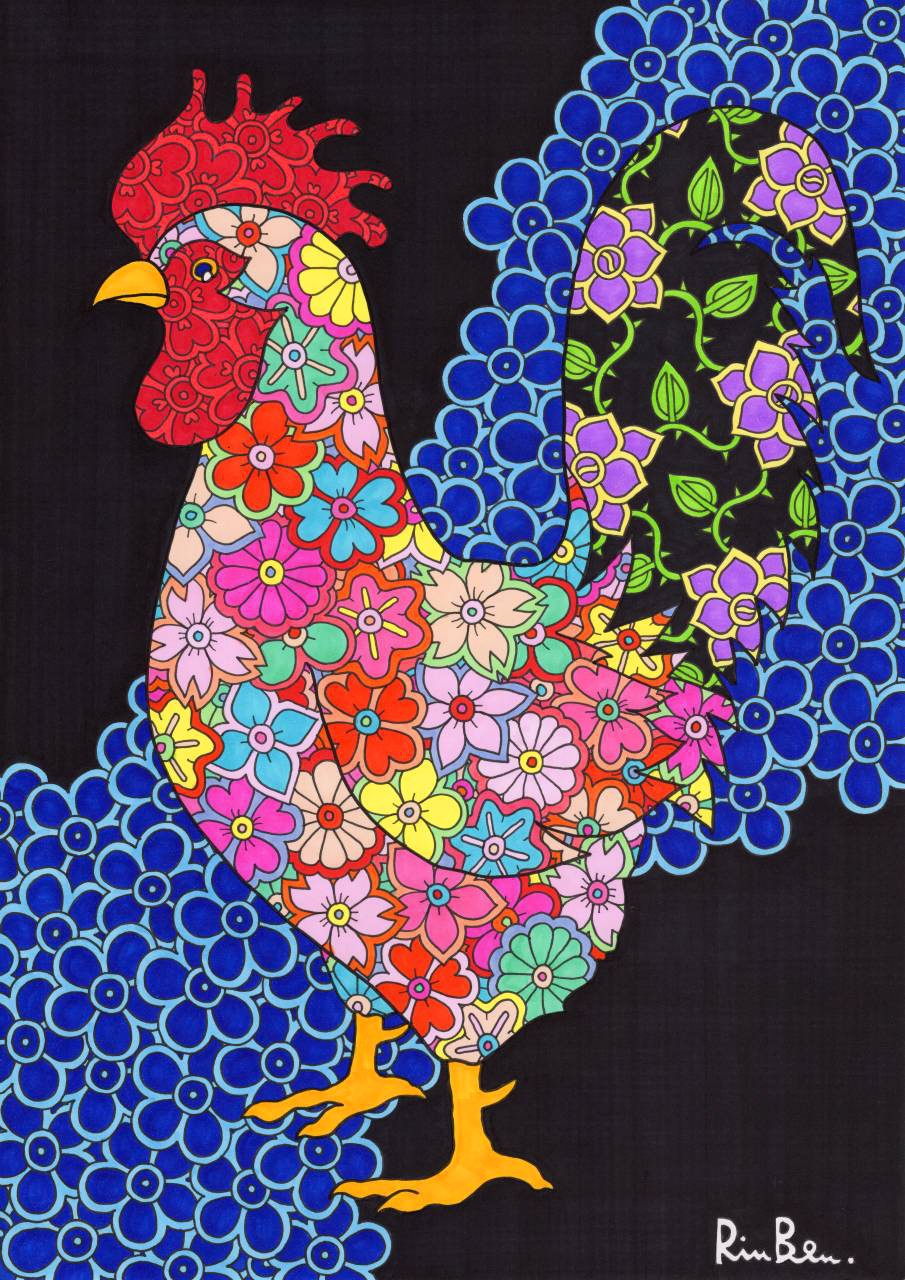多色のはり絵 鳥のデザイン 青で塗りつぶされます絵かき現代スタイルで色の鶏ファーム鳥と緑