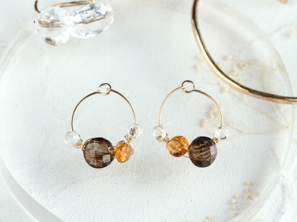 落ちにくい!! 14kgf- smoky quartz & citrine easy catchピアス 4枚目の画像