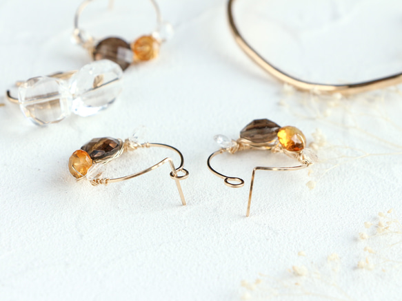 落ちにくい!! 14kgf- smoky quartz & citrine easy catchピアス 5枚目の画像