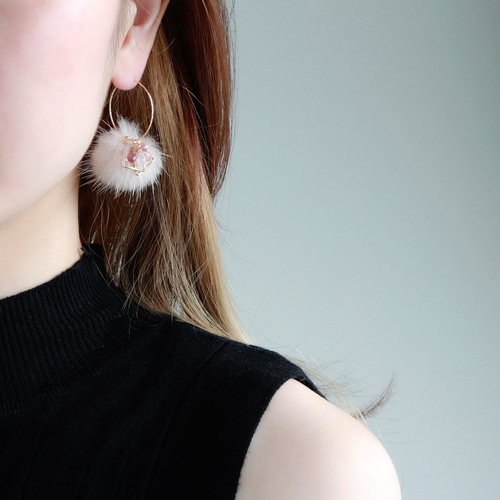 14kgf-「Creema限定べっ甲付」ピンクトパーズモチーフファーピアス