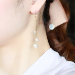 14kgf-pearl & crystal straight 耳環 第2張的照片