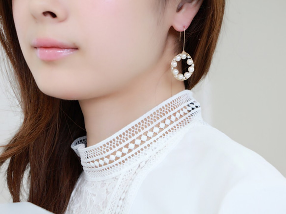 14kgf-freshwater pearl stylish pierced earrings 第3張的照片