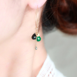 14kgf-green onyx&sapphire glitter hoop耳環/可換耳夾Plz let us know 第2張的照片