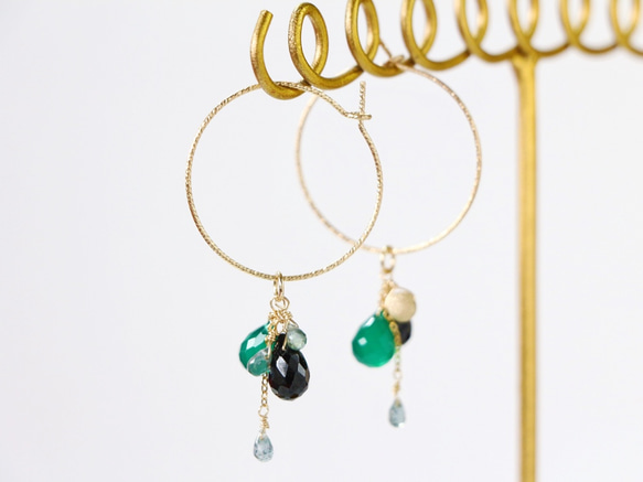 14kgf-green onyx&sapphire glitter hoop耳環/可換耳夾Plz let us know 第3張的照片